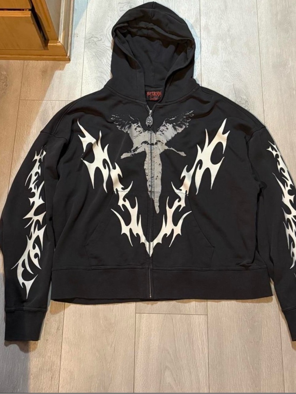 Affliction Black Zip-Up Hoodie with White Flame & Angel Graphics